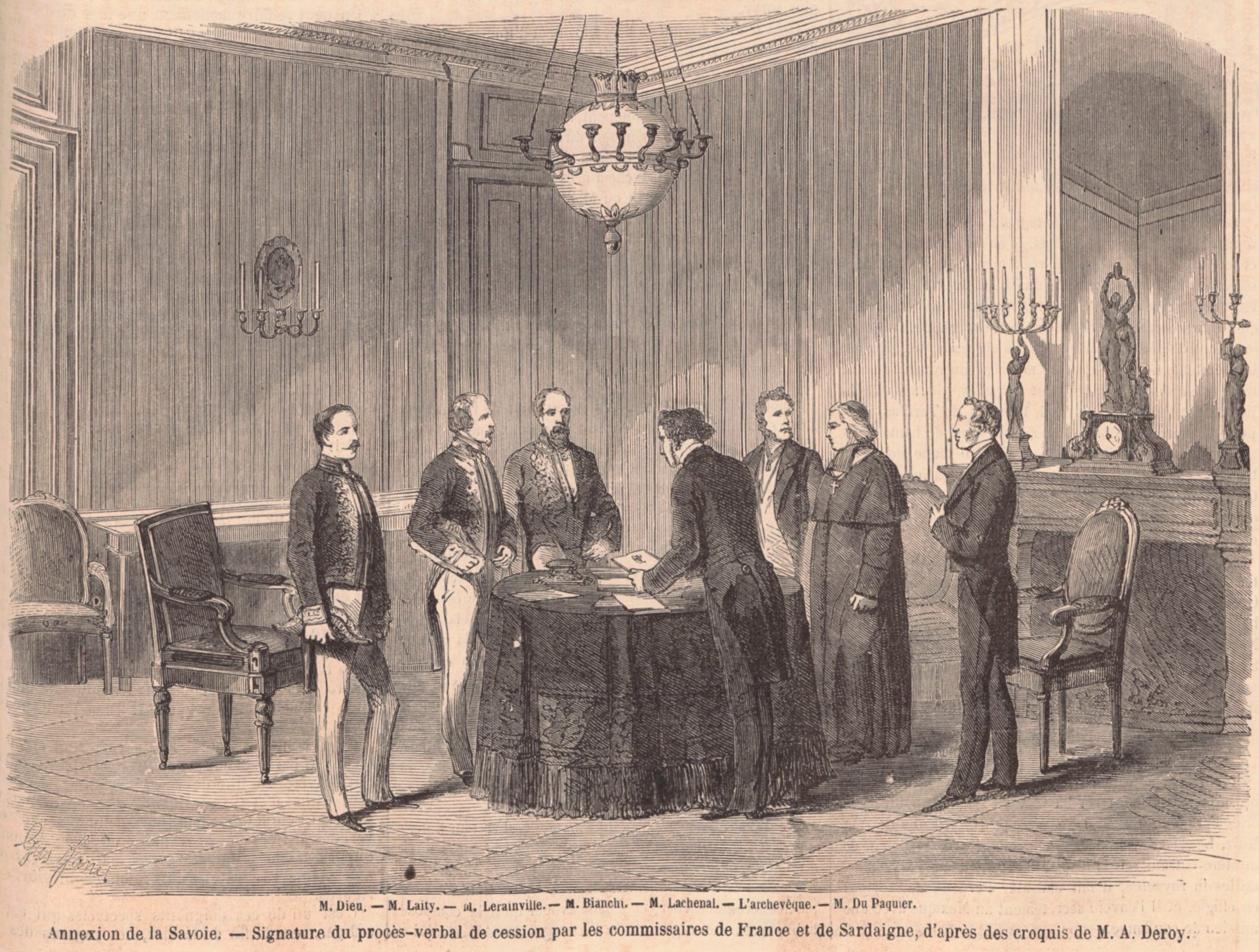 Gravure de 1860 : signature du procès-verbal de cession au château de Chambéry