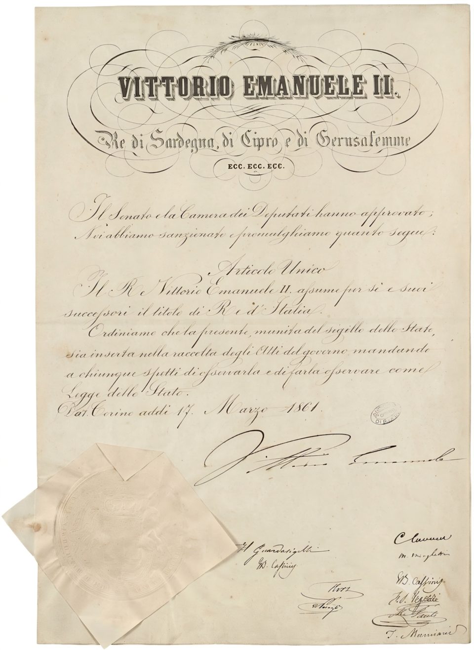 L’acte de la loi du 17 mars 1861, avec l’article unique et la date de Turin