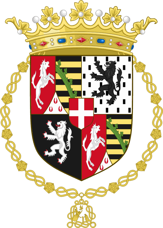 Grandes armes du duché de Savoie : écartelé de Saxe, Chablais et Aoste, Savoie sur le tout, sous une couronne et entourées du collier de l’Annonciade