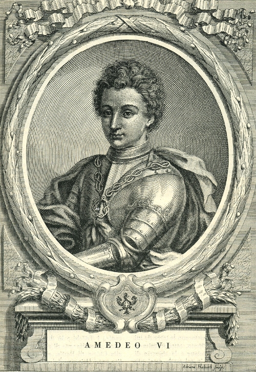 Gravure ancienne d’Amédée VI en armure, dans un médaillon, avec la légende Amedeo VI