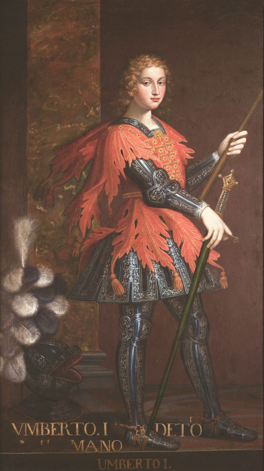 Portrait imaginé d’Humbert Ier, en armure du XVIIe siècle, avec l’inscription Umberto I detto Bianca Mano