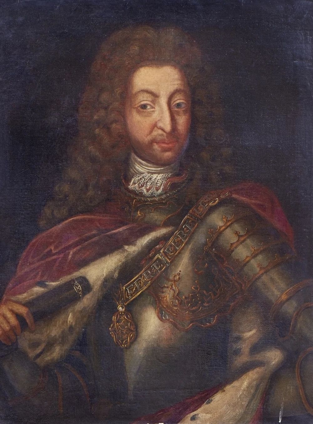 Portrait de Victor-Amédée II en armure, perruque et écharpe où se lit la devise FERT